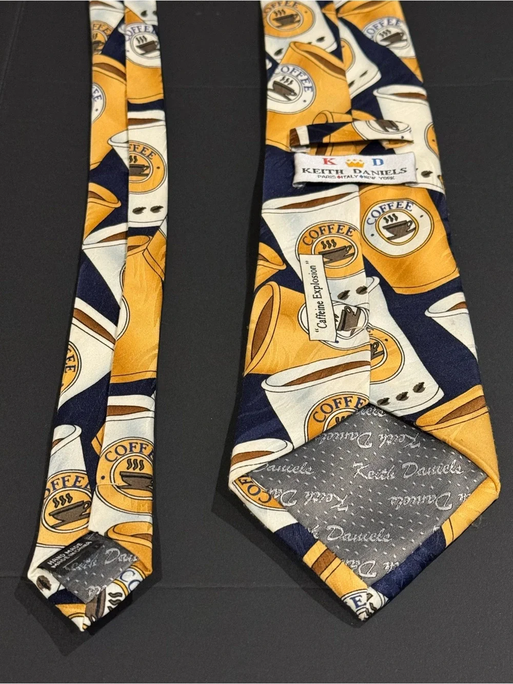 Keith Daniel’s Men's Coffee Cup Fun Print Neck Tie in Navy and Yellow